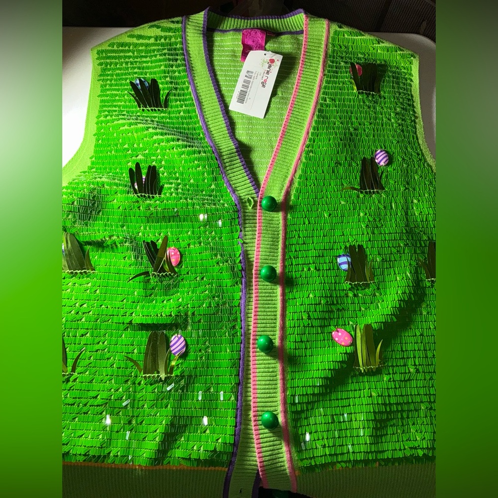 Queen of Sparkles NWT Sequin Easter Egg Grass Vest Size XL - Picture 7 of 11